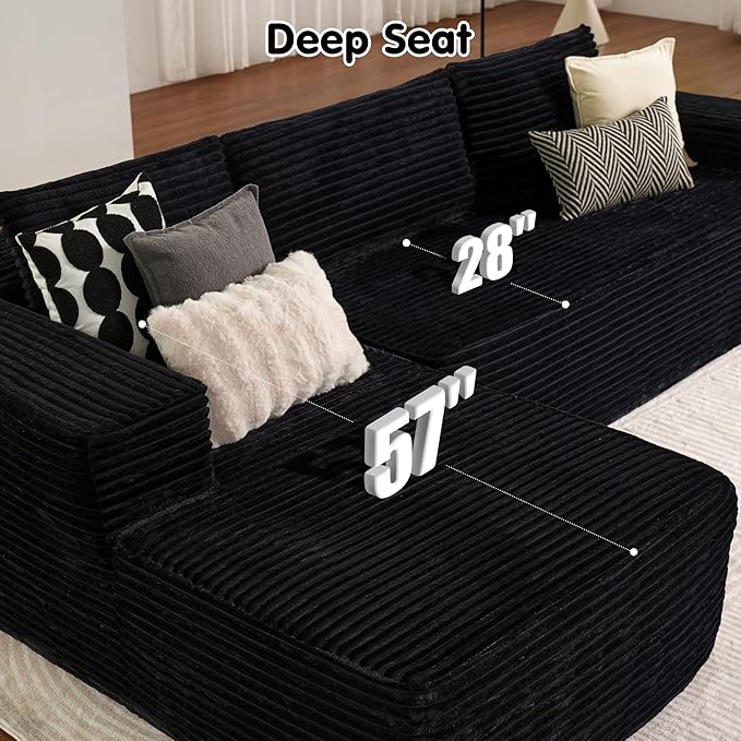 ovios 104" Cloud Boneless Couch with L-Shape Chaise,Modern Sectional Modular Sofa with Deep Seat, Upholstered Couches for Living Room Bedroom,No Assembly Required, Black (Plush Corduroy Fabric)