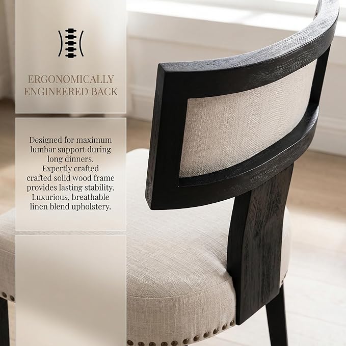 HNY Mid Century Modern Dining Chairs Set of 6, Farmhouse Linen Fabric Upholstered Accent Chairs Curved Nailhead Trim Backrest Kitchen Chairs, with Black Hardwood Frame, Beige
