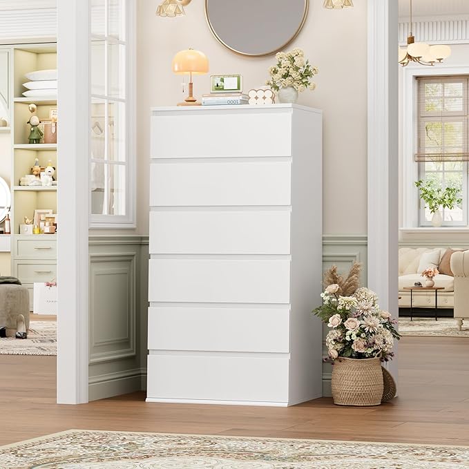 FOTOSOK White Dresser, 6 Drawer Dresser, Modern Tall Floor Storage Cabinet with Metal Sliding Rail, Wooden Handleless Drawer Cabinet, 6-Layer Large Capacity Vertical Dressers for Home & Office