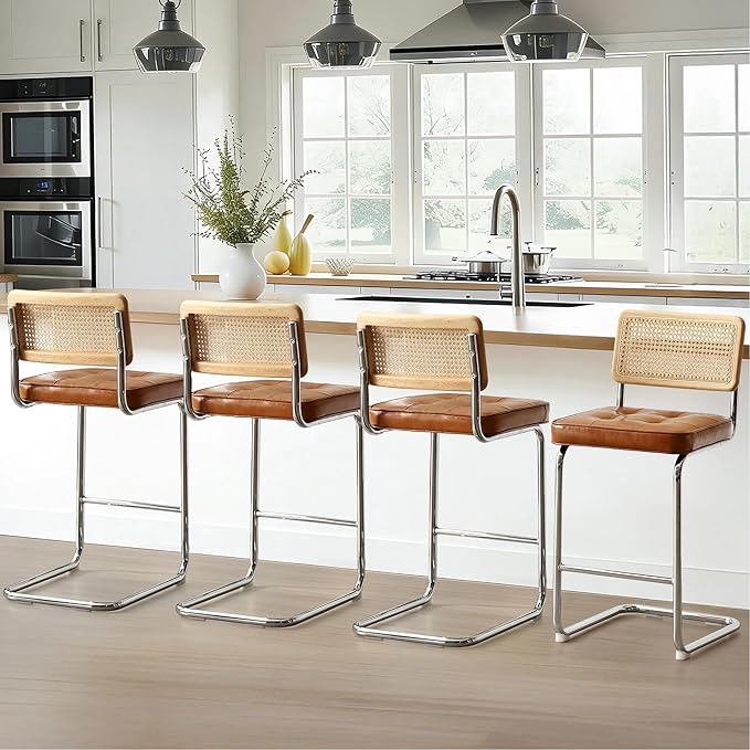 Zesthouse Natural Rattan Bar Stools Set of 4, Modern Counter Height Stools with Solid Wood Back, 26'' Counter Height Chairs, Mid Century Cantilevered Bar Chairs for Kitchen Island, Faux Leather Brown
