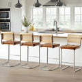 Zesthouse Natural Rattan Bar Stools Set of 4, Modern Counter Height Stools with Solid Wood Back, 26'' Counter Height Chairs, Mid Century Cantilevered Bar Chairs for Kitchen Island, Faux Leather Brown