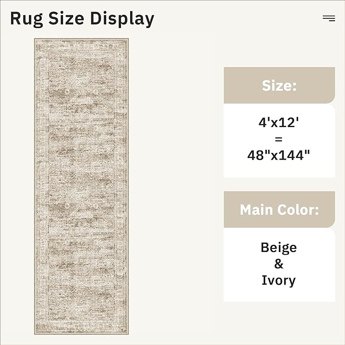 Soalmost 4x12 Wide Hallway Runners: Washable 12ft Runner Rug for Entryway Living Room Soft Vintage Non Slip Carpet Runner for Kitchen Dining Room Nursery Bedroom (Brown, 4x12ft)