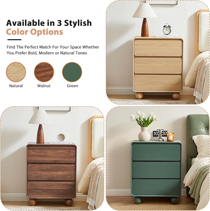 AVZEAR Wooden Night Stand wth 3 Drawer Dresser Mid Century Modern End Table Chest of Drawers, Solid Wood Legs & Curved Profile Design, Farmhouse Side Table for Living Room, Walnut