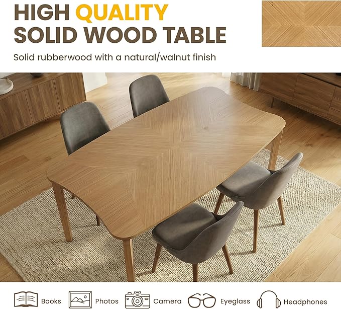 HNY Modern Curved Edge Dining Table, 63" Solid Wood Kitchen Table with Herringbone Pattern Mid-Century Rectangular Dinner Table for 6-9 People, Natural Oak Finish