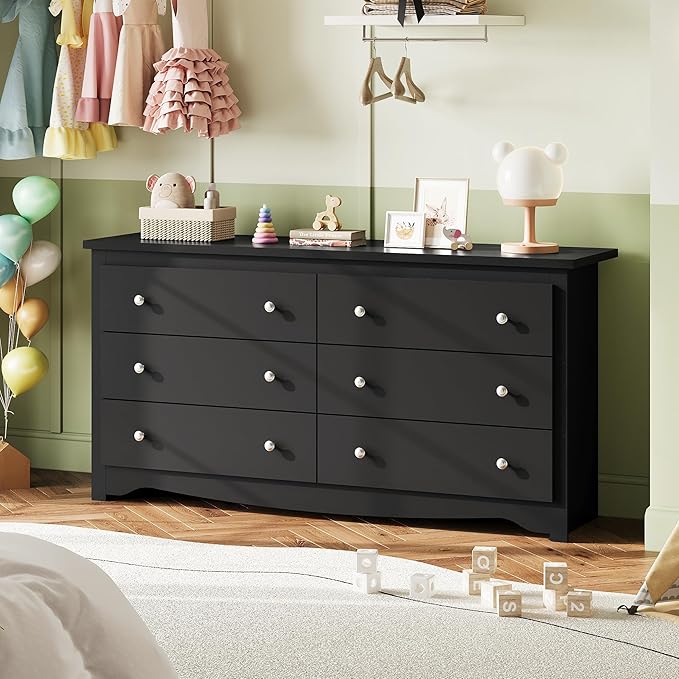 WLIVE Black Wooden Dresser for Bedroom, 6 Drawers Chest of Drawers, 59" Wide Modern Dresser Closet Storage Organizer for Living Room Hallway