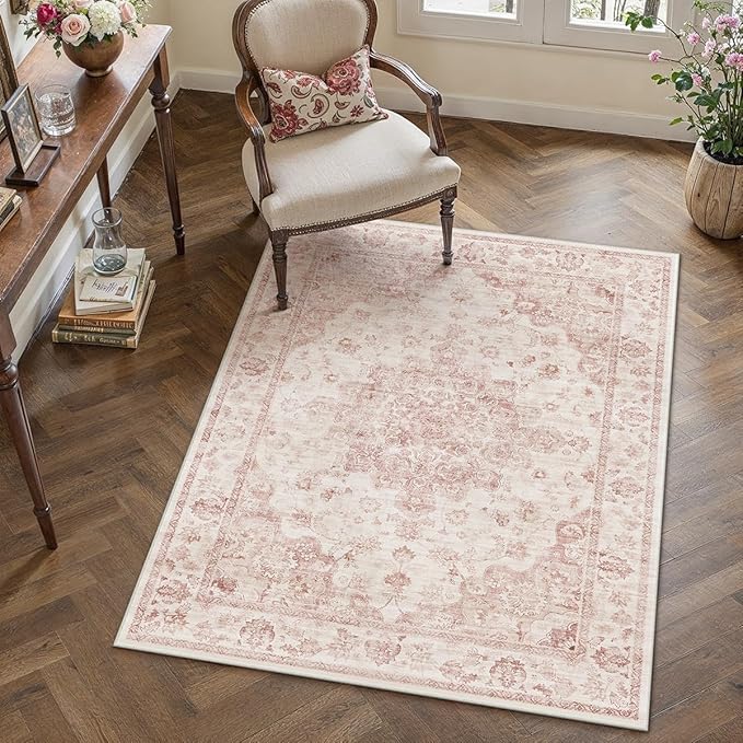 3x5 Washable Neutral Area Rug Pink Vintage Entryway Office Carpet Non-Slip Soft Low Pile Farmhouse Throw Rug for Entrance Living Room Bathroom Dining Room