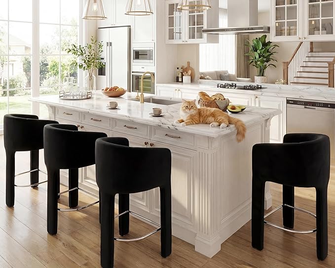 HNY Modern Counter Height Bar Stools Set of 4, 26”H Barrel Counter Stools for Kitchen Counter, Velvet Upholstered Barstools with Back and Armrest for Kitchen Island,Home Bar, Black