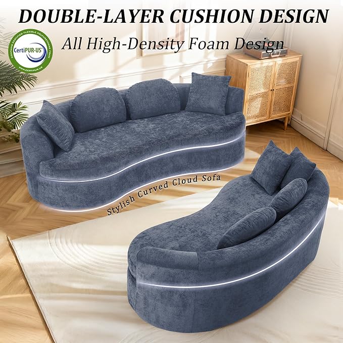 95” Modern Curved Sofa, Chenille Fabric Comfy Cloud Couch, No Assembly Required Half Moon Couch with Deep Seat, 4 Pillows for Living Room, Apartment, Bedroom