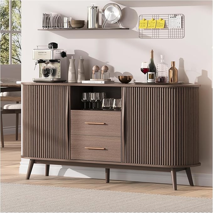 JOINICE 63" Fluted Storage Cabinet for Living Room,Mid-Century Modern Sideboard with Sliding Doors, Walnut Buffet Cabinet with Drawers & Solid Wood Legs, Large Accent Credenza for Home, Dining Room