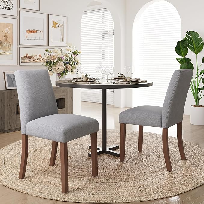 Dining Chairs Set of 2, Modern Dining Room Chairs with Wooden Legs, Upholstered Kitchen Farmhouse Parsons Chairs for Restaurant & Cafe- Gray