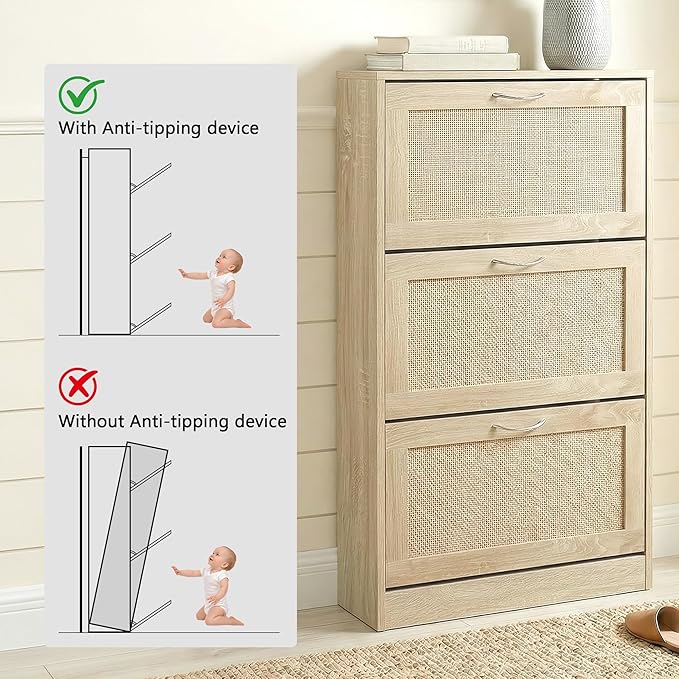 HOPUBUY Rattan Shoe Cabinet for Entryway, Narrow Shoe Storage Cabinet with 3 Flip Drawers, Hidden Shoe Cabinet Wood 3 Tier Slim Shoe Rack for Home and Apartment, Nature | Shoe Storage Cabinet, Hidden, Shoe Cabinet Wood, Slim, Shoe Rack