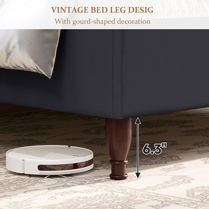 koorlian King Size Bed Frame Upholstered Platform Bed with 51'' Tall Fabric Headboard and Wooden Slats Support, Retro Minimalist Style/Fully Upholstered/Easy Assembly, Dark Navy