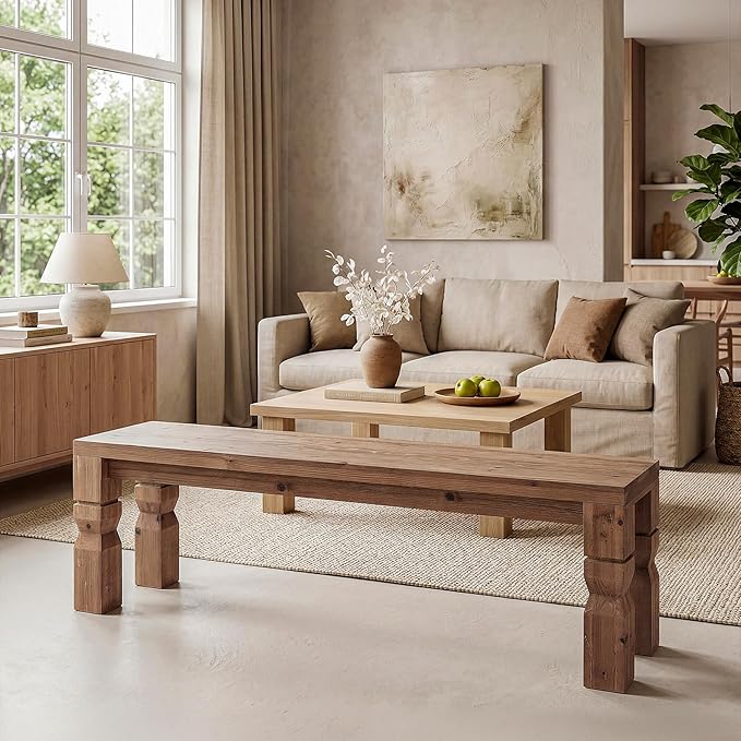 LITTLE TREE Solid Wood Bench, 55-Inch Long Farmhouse Wooden Bench Seat for Entryway, End of Bed, Dining Room, Living Room, Easy Assembly, Rustic Brown