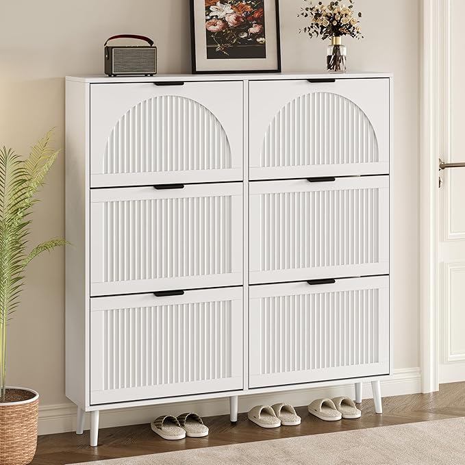 BORNOON Shoe Cabinet for Entryway with 6 Flip Drawers, Slim Wooden Shoe Storage Organizer with Modern Fluted Pannel，Freestanding Narrow Hidden Shoe Rack for Hallway, Foyer, Living Room