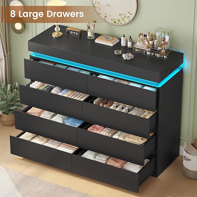 HAUOMS 8 Drawer Dresser with LED Light, Black Modern Chest of Drawers for Bedroom,Closet Dressers with Drawers for Living Room, Entryway, Hallway