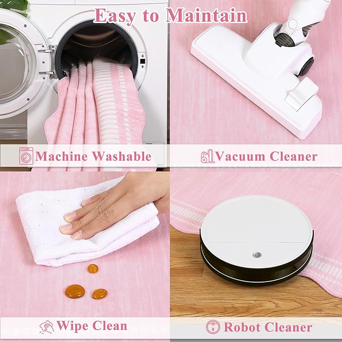 Garvee Washable Rugs 10x13 Area Rugs for Living Room Bedroom, Low Pile Ultra Soft Solid Neutral Carpet, Non Slip & Non Shedding Modern Scalloped Print Floor Mats for Home Decor, Pink
