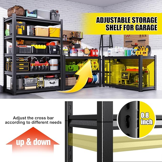 3 Pack 46" W Heavy Duty Garage Shelving - 5 Tier Metal Storage Shelves (2500 LBS Total Capacity), Adjustable Steel Utility Rack for Pantry, Warehouse, Basement, Shop - 71" Hx46 W x 20" D,Black