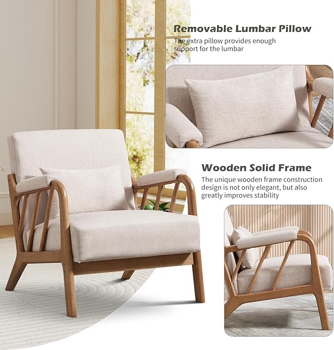 IOMOR Mid Century Modern Accent Chair with Solid Wood Frame Linen Fabric, Upholstered Living Room Chairs with Lumbar Cushion Padded Arms, Reading Armchair for Bedroom (2, Warm Beige)