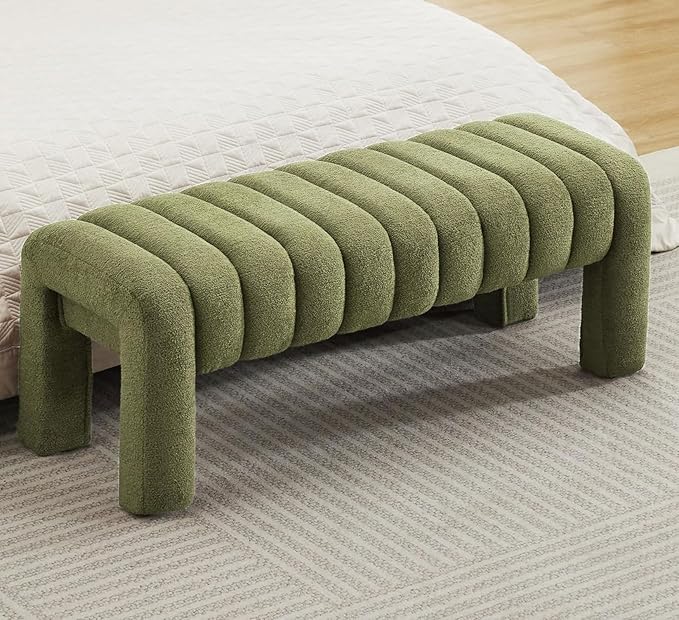 43" Boucle Bed Bench, Upholstered Channel Tufted Bench for Entryway, Accent Window Seat for Living Room, Modern Minimalist Ottoman Foot Stool, Linen Green
