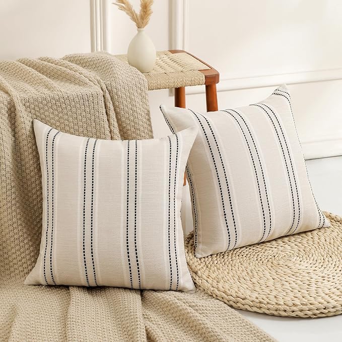 Hckot Throw Pillow Covers 20x20 Set of 2 Striped Pillow Covers Textured Linen Decorative Pillows Square Cushion Covers for Sofa Couch Bed Living Room Farmhouse Decor, Black