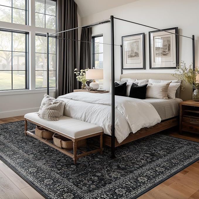 Vintage Dark 8x10 Area Rugs for Living Room, Retro Earth Tone Carpet Rug for Bedroom Dining Room, Low Pile Thin Washable Non Slip Room Carpet Rug for Home Office Guest Room Family Room