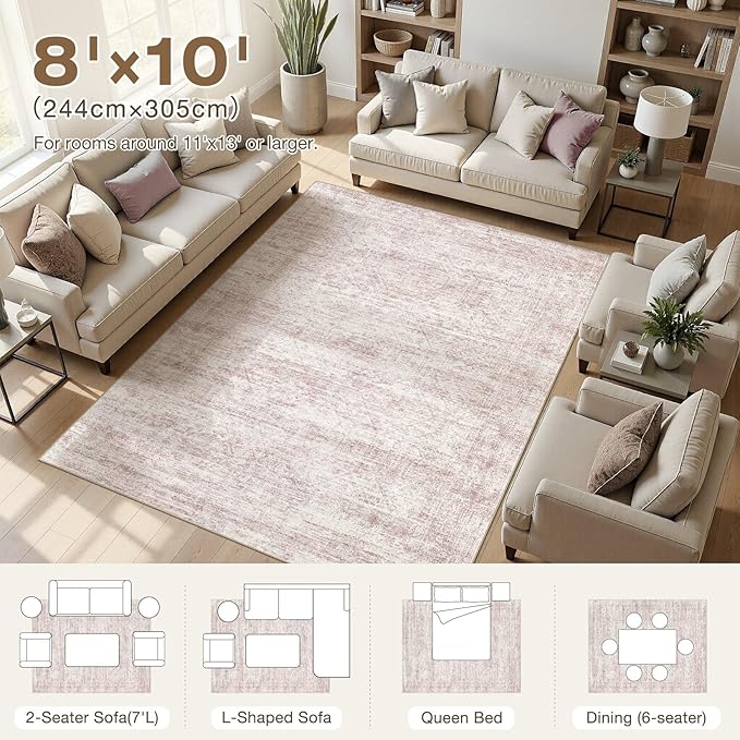 cotiled Large Area Rugs for Living Room 8x10, Machine Washable Rugs with Non Slip Backing Modern Neutral Abstract Rugs Stain Resistant Distressed Carpets for Home Office Decor (8x10 Pink)