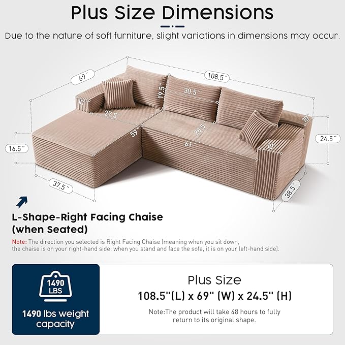 Camel L-Shaped Sectional Sofa - 108" Modular Cloud Couch with Chaise, Luxurious Camel Fabric, Deep Seat Design, No Assembly Required (Right Facing Chaise)