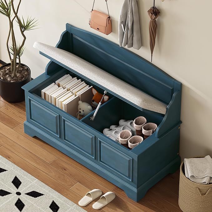 LUMISOL Shoe Storage Bench with Cushion, 41.7” Farmhouse Entryway Bench with Soft-Close Devices and Hidden Storage, Upholstered Storage Ottoman for Living Room, Entryway, Bedroom, Antique Navy