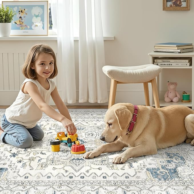 Area Rugs for Living Room - 3x5, Boho Non-Slip Low Pile Carpet Washable Rugs for Bedroom, Farmhouse, Office, Dining Room (BeigeBlue)