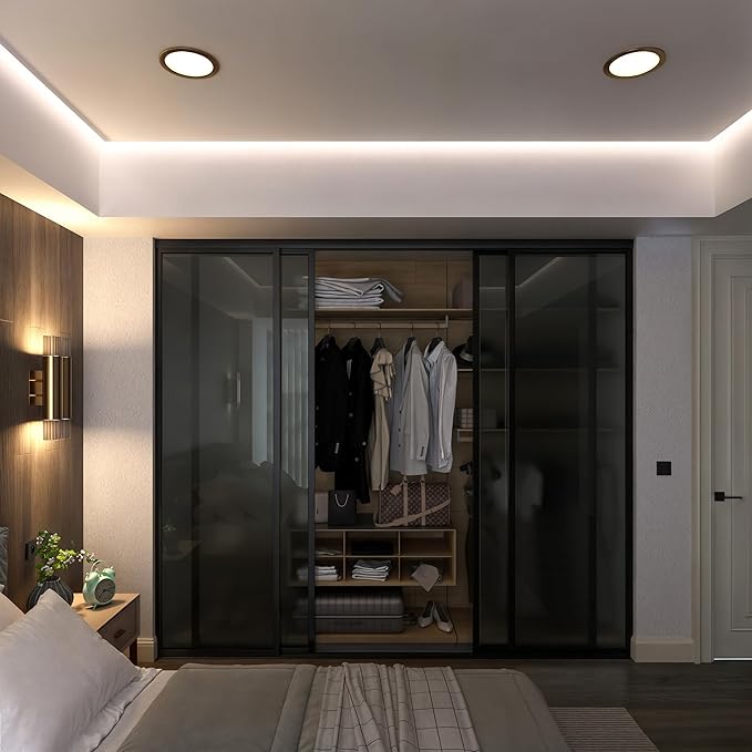 Door55 4 Panel Glass Sliding Closet Door with Aluminum Frame, Silent Glide Technology, Bedroom Closet Doors (Smoked Frosted Glass, 96x80)