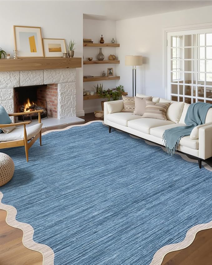 GarveeHome Scalloped Large Area Rug 10x13 Area Rug for Living Room Washable Rug Modern Rug Non Slip Throw Rugs Bedroom Rugs Low Pile Soft Stain Resistant Carpet for Dining Room Nursery 10'x13' Blue