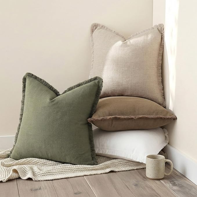 decorUhome Summer Decorative Neutral Linen Fringe Throw Pillow Covers Set of 2 Olive Green Pillow Covers with Tassels Soft Farmhouse Boho Accent Pillow Cases for Couch Bed Sofa 20x20 Inch