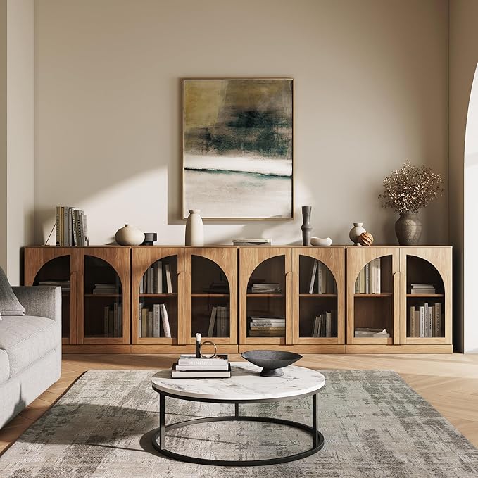 BELLEZE 4-Piece Modular TV Stand Set -Modern Entertainment Center with Arched Glass Doors,Sideboards with Adjustable Shelves&Wooden Handles,Classic Media Console Table Cabinet for Living Room (Camel)