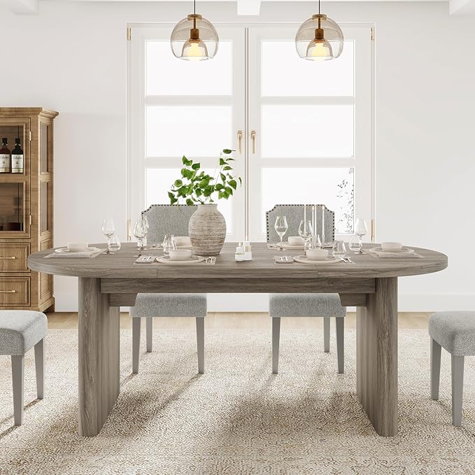 GarveeHome Oval Dining Table for 6-8 People, Long Large Kitchen Table with Thick Sturdy Wooden Base, Farmhouse Dining Room Table for for Kitchen, Living Room, Office (70.87" Long,Grey Walnut)