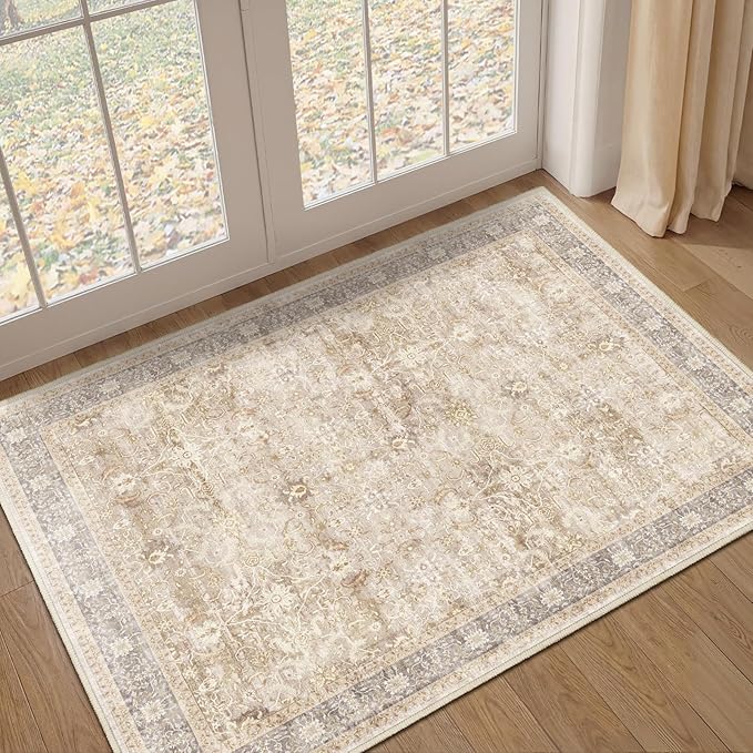Small Area Rugs 3x4, Neutral Beige Throw Rugs for Kitchen Bathroom Bedroom, Washable Non Slip Ultra Thin Front Indoor Door Mats for Entrance Entryway Foyer, Vintage Farmhouse Earth Tone