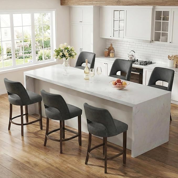VKNOW 26" Bar Stools Set of 2, Faux Leather Counter Height Bar Stools with Backrest and Rubberwood Legs, Upholstered Barstools for Kitchen Island, Bar and Dining Room, Black