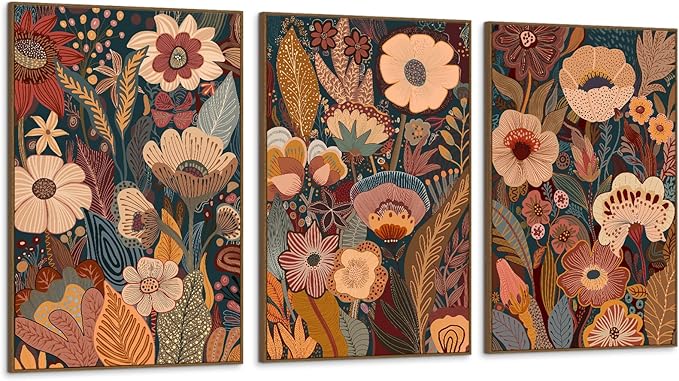 SAFERRYHOME Large Burnt Orange Floral Wall Art, 3 Pieces Boho Mid Century Modern Wildflower Framed Canvas Wall Decor, Vintage Botanical Neutral Plant Artwork Print for Living Room Bedroom Office, 24"x36"