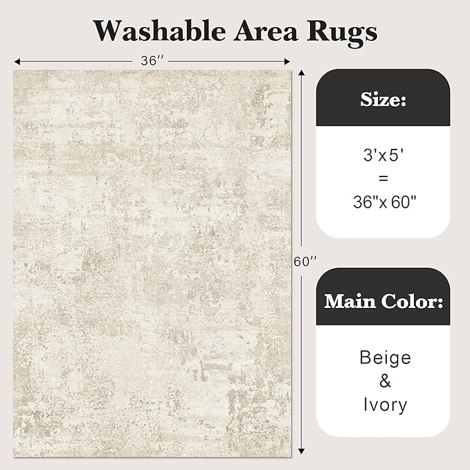 Art&Tuft Washable Rugs 3x5, Anti-Slip Backing Abstract 3x5 Rug, Stain Resistant Rugs for Living Room, Foldable Machine Washable Area Rug (3'x5', Beige)