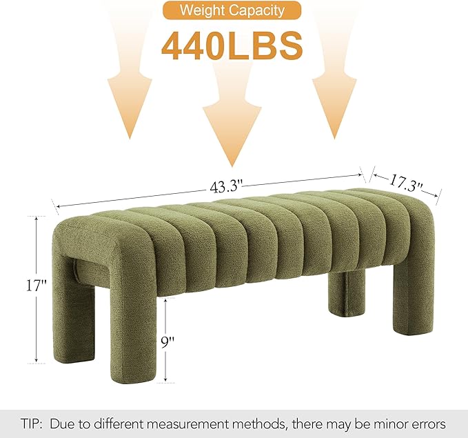 43" Boucle Bed Bench, Upholstered Channel Tufted Bench for Entryway, Accent Window Seat for Living Room, Modern Minimalist Ottoman Foot Stool, Linen Green