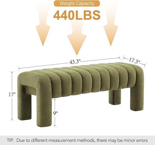 43" Boucle Bed Bench, Upholstered Channel Tufted Bench for Entryway, Accent Window Seat for Living Room, Modern Minimalist Ottoman Foot Stool, Linen Green