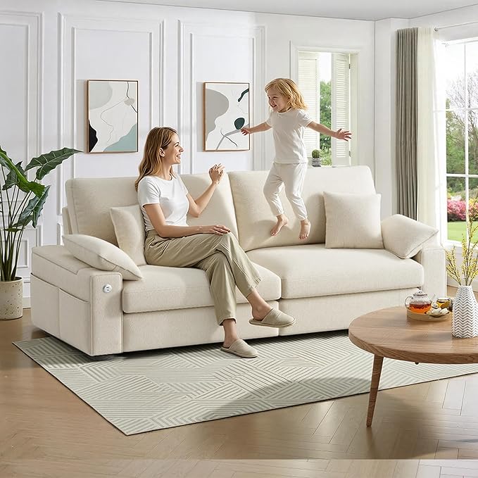88.58" 3 Seats Deep Seat Sofa Couch, Beige | Side Storage, Removable Cover, Wide Armrest, Fabric, For Small Space