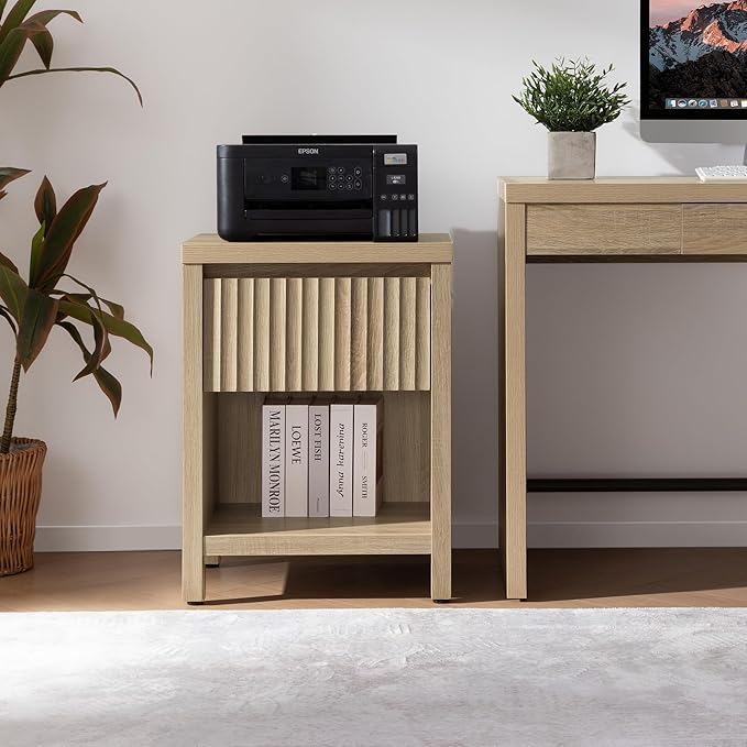 SICOTAS Night Stand Fluted Nightstand with Drawer, Farmhouse Bedside Table with Storage Shelf, Boho Large End Table Bed Side Tables for Bedroom, Light Oak