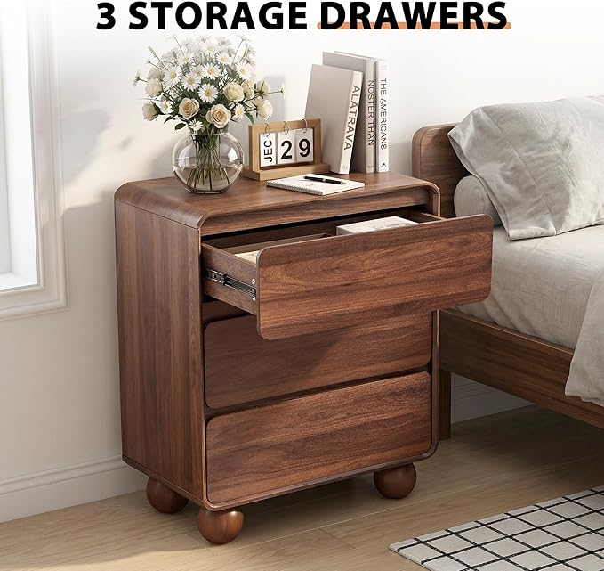 AVZEAR Wooden Night Stand wth 3 Drawer Dresser Mid Century Modern End Table Chest of Drawers, Solid Wood Legs & Curved Profile Design, Farmhouse Side Table for Living Room, Walnut
