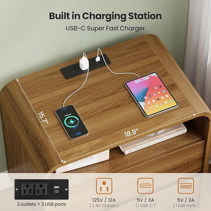 HAUOMS 25" Tall Modern Nightstand with Charging Station, 23.6" Wide Wood Bedside Table w/2 Storage Drawers, Curved Profile Design, Large Mid Century End Table for Bedroom, Living Room, Walnut