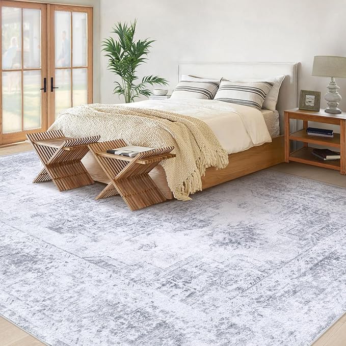 XLUEZ Area Rug 8x10 Living Room Rug, Machine Washable Vintage Distressed Medallion Rug Non-Slip Soft Low Pile Large Indoor Rugs for Bedroom Kitchen Dining Room Office(LightGrey,8'x10')