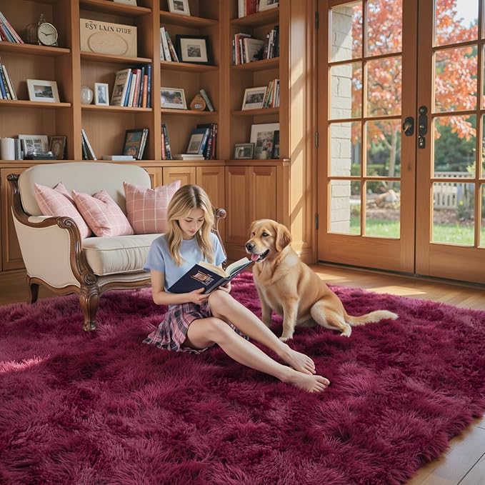 Shaggy Rugs for Bedroom Living Room Dorm Nursery Home Decor Aesthetic (Burgundy, 5 x 8)