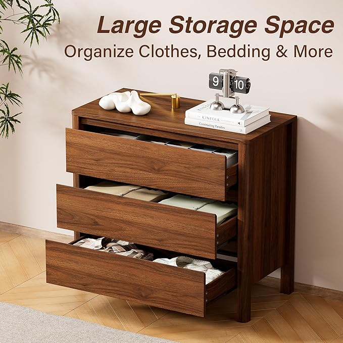 Furniway 31.5" Mid-Century Modern Dresser for Bedroom, 3 Drawer Small Chest of Drawers with Solid Wood Legs, Large Storage Bedroom Dresser, Walnut