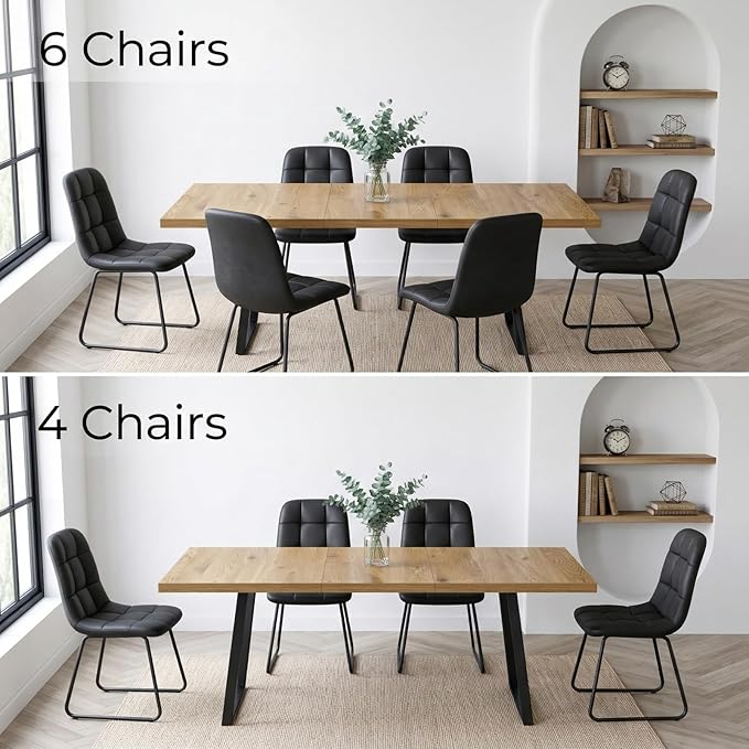 ZckyCine Extendable Dining Table Set for 6, 47" to 63" Expandable Kitchen Table with 6 Upholstered Chairs, Modern Rectangular Wood Dining Room Table Set with Metal Legs for Kitchen Apartment