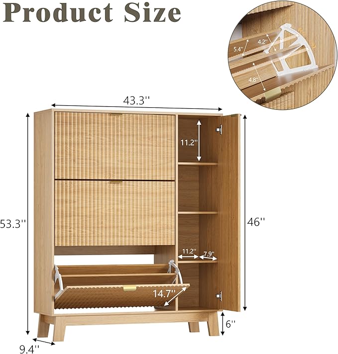 Shoe Cabinet Storage for Entryway with 3 Flip Drawers & Side Cabinet, Fluted Narrow Shoe Organizer with Wooden Leg, Freestanding Shoe Storage Hidden Shoe Rack Organizer for Front Door Entrance, Oak