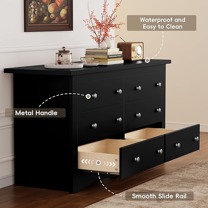 Furmax Dresser for Bedroom, 6 Wood Dresser, Chest of Drawers, for TV up to 65 inch, TV Stand Storage Chest of Drawers for Hallway Entryway (Black)